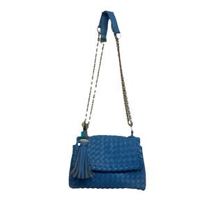 Sondra Roberts Squared Blue Woven Shoulder Bag Gold Chain Tassel Accent Girly